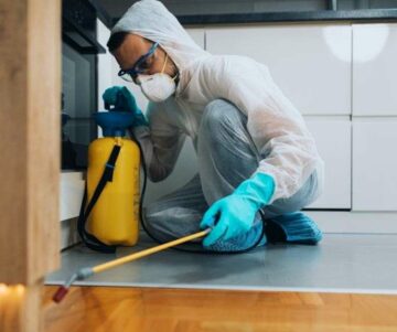 A man spraying a pesticide on the floor of a kitchen. A Man Spraying A Pesticide On The Floor Of A Kitchen.