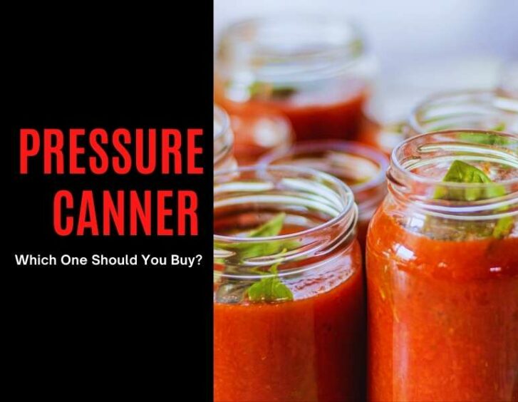 Three jars of tomato sauce with the words pressure canner which one should you buy?.