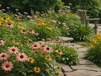 blooming peach perennials garden