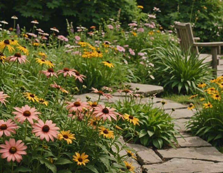 blooming peach perennials garden