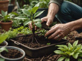 A person is mastering the art of propagation techniques by carefully planting a small Cast Iron Plant in a pot filled with rich soil, surrounded by an array of thriving potted plants.