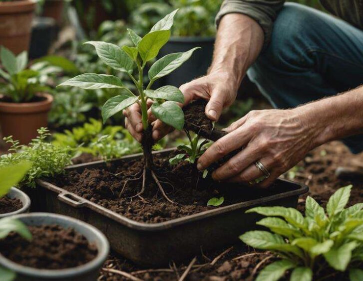 A person is mastering the art of propagation techniques by carefully planting a small Cast Iron Plant in a pot filled with rich soil, surrounded by an array of thriving potted plants. A person is mastering the art of propagation techniques by carefully planting a small Cast Iron Plant in a pot filled with rich soil, surrounded by an array of thriving potted plants.